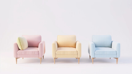Chic pastel chairs feature minimalist styling in muted pastel colors against a fresh white backdrop.