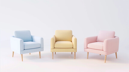 Contemporary pastel seating exhibits minimalist chairs in serene pastel shades against a pure white backdrop.