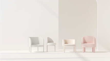 Sleek pastel chairs display minimalist styling in subtle pastel colors against a pure white backdrop.