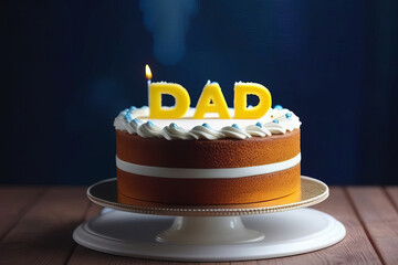 Chocolate cake for father's day with candle against dark background. Cake with dad word. Happy father's day concept. men's cake
