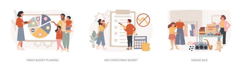 Family income isolated concept vector illustration set.