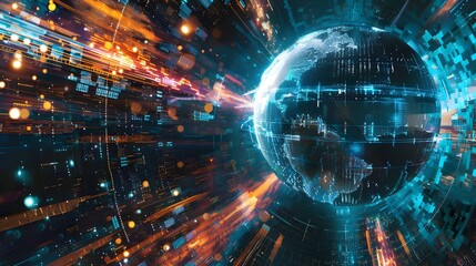 Obraz premium Awe-inspiring cosmic view of Earth, encircled by digital network of communication network