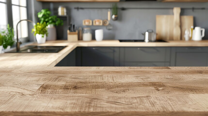 Close-up of an empty wooden kitchen counter with food prep space, against a gray kitchen backdrop, emphasizing texture and craftsmanship. Stage showcase template for promotional items, banner