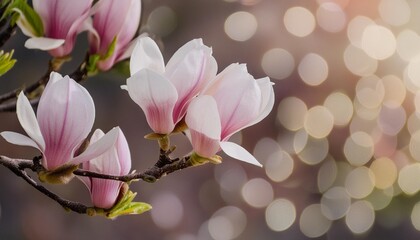 closeup of blooming magnolia tree in spring on pastel bokeh background