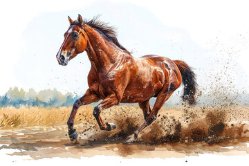 Beautiful brown horse in full growth, running on a white background, in the watercolor style. Created with Ai