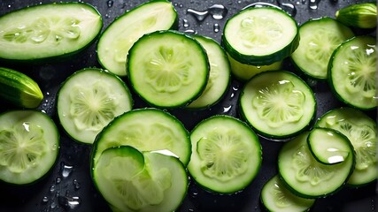 Slices of fresh cucumbers are arranged with a smooth backdrop and shimmering water droplets. top-down view of the shot. Magnificent and nutritious food pictures for magazine and commercial use 