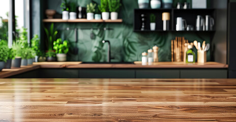 Close-up of an empty wooden kitchen countertop with a cooktop and food prep area, emphasis on...