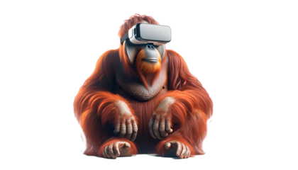 Orangutan with VR headset, showcasing tech and wildlife interaction, ideal for tech companies and conservation efforts, PNG, transparent background