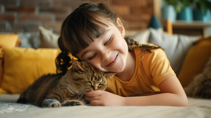 A smiling girl with Down syndrome enjoys tender moments with her pet cat. The concept of love for animals, the attitude of inclusive people towards animals, non-traditional methods of treatment