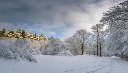 wide angle snowy landscape in the early morning of a woodland blanketed in snow with snow laden branches creating a winter wonderland