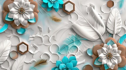Abstract mural with white lattice, turquoise elements, and feather details on a floral base.