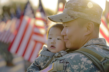 Asian American Soldier holding Child