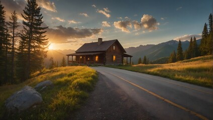Empty road that runs through the mountains at sunset with cozy mountain cabins