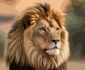 High Detailed Full Color Vector - Captivating Wild Carnivore Close-up Illustration of Intense Piercing Stare of Lion