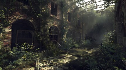 Post apocalyptic city with overgrown multistorey buildings.