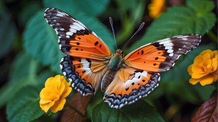 a butterfly on a flower in close-up. A gorgeous creature in its natural environment, a huge butterfly perched atop verdant leaves. Banner, artwork for notebooks and albums 