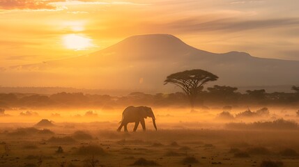 Fototapeta na wymiar elephant kilimanjaro backdrop, wildlife safari photo, african Elephant calf, sunset nature scene, tanzania wildlife, kilimanjaro sunset, majestic elephant photography, animal family bond 