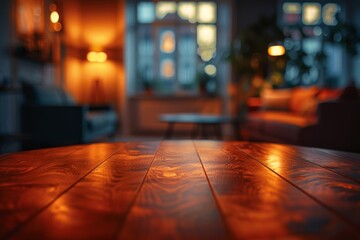 A wooden table with a lamp on it