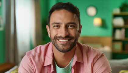 Close up headshot portrait of smiling 30s Caucasian man look at camera posing in own flat or apartment