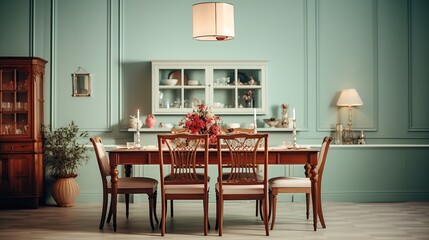 Vintage charm in a dining room with wooden table and mint color wall