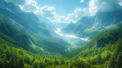 A breathtaking view of the Alps, with lush green mountains and clear blue skies. Created with Ai