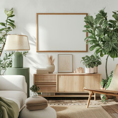 Comfortable spring interior with a mock-up poster frame, white sofa, and green stand, radiating warmth and coziness. AI generative