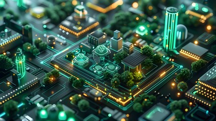 Obraz premium Green Business Innovation: A 3D Rendered Vision of Interconnected Hubs and Networks Fostering and Knowledge Exchange towards Sustainable Technologies