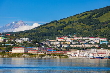 Summer Landscape Petropavlovsk Kamchatsky and Koryaksky Volcano. Concept Travel photo Kamchatka...