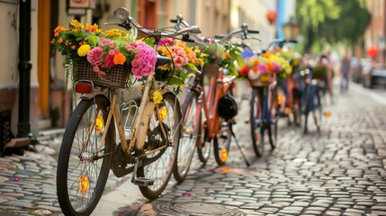 Bicycles adorned with vibrant flowers weaving through picturesque cobblestone streets, embodying the spirit of sustainable transportation on World Bicycle Day. 