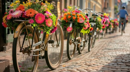 Bicycles adorned with vibrant flowers weaving through picturesque cobblestone streets, embodying the spirit of sustainable transportation on World Bicycle Day. 