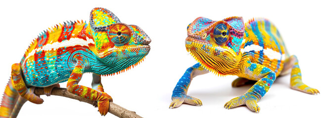 Set of Yellow blue lizard Panther chameleon isolated on white background