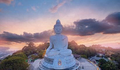 Aerial top view Big Buddha statue on hilltop of Phuket Thailand on sunset