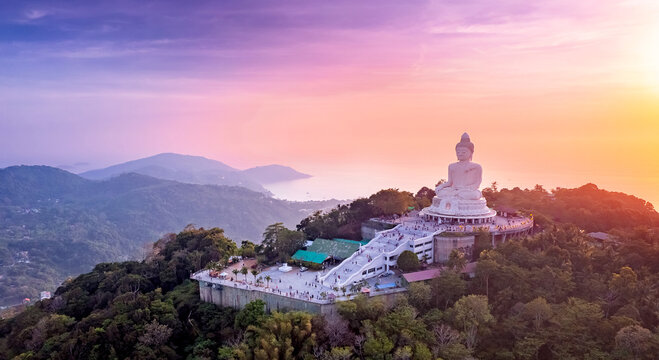 Aerial photo statue big Buddha in Phuket on sunset sky. Concept travel Thailand landmark