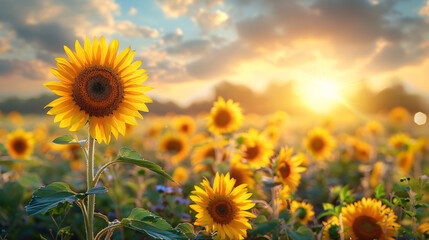 Obraz premium Sunset Over Vibrant Sunflower Field with Dramatic Sky