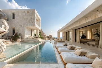 Modern luxury villa made of rocks, pool with blue water, beige concrete accents and outdoor furniture. Created with Ai