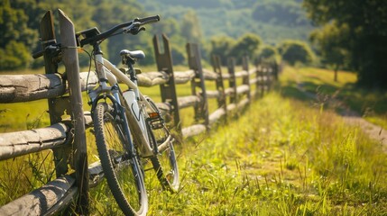 Bicycles leaning against a rustic wooden fence in a serene countryside setting, as riders take a break to admire the natural beauty on World Bicycle Day - Powered by Adobe