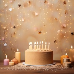 Tan background with birthday cake with candles pastel backdrop empty blank copyspace for design text photo website web banner backdrop texture 