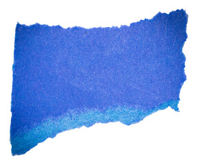 Isolated cut out torn blue piece of blank paper note cardboard with texture and copy space for text on white or transparent background
