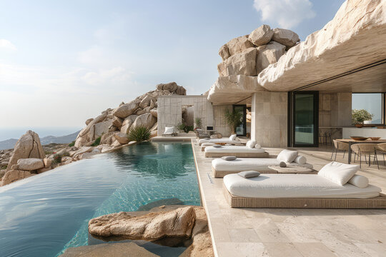 A luxurious desert villa with rocky walls, a pool and loungers by the edge of it, a terrace overlooking mountains in Sardinia. Created with Ai
