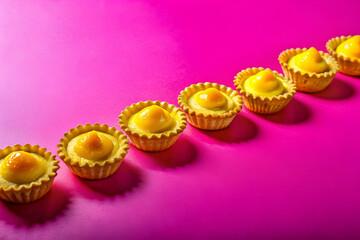 Leading Line of Lemon Tarts with Bright Yellow Filling Against Magenta Backdrop