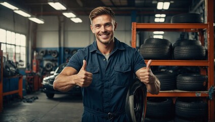 Smiling mechanic showing thumbs up with car tire in the car repair shop.