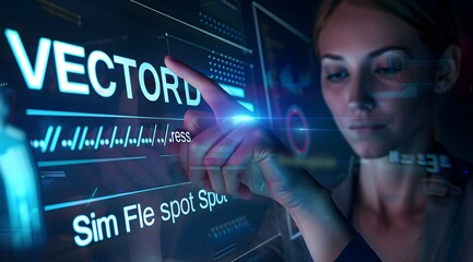 Business woman touching virtual screen with "Digital Marketing" concept on transparent glass interface, with a business technology