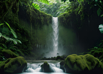 Forest waterfall, green forest, with lush greenery, generative ai
