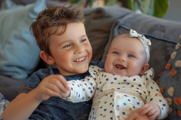 Big brother holding hand of smiling baby sister in polka dot onesie