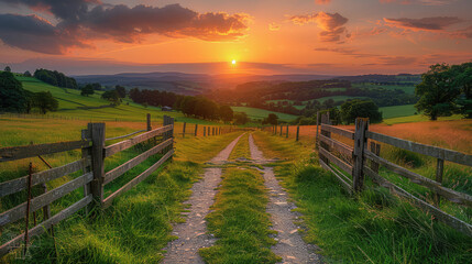 Beautiful sunset over the peak district in england, with stone walls and wooden gates on both sides of an old cobblestone path leading to distant hills. Created with Ai