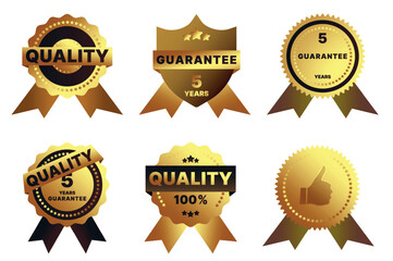 The picture shows a collection of glossy emblems and signs that symbolize the highest quality and premium products. Each sign has a golden hue and a solid gold tin finish, emphasizing their luxury.