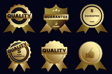The picture shows a collection of glossy emblems and signs that symbolize the highest quality and premium products. Each sign has a golden hue and a solid gold tin finish, emphasizing their luxury.