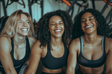Three happy women sitting in a gym