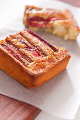 a slice of rhubarb cake