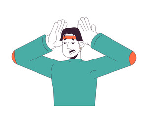 Emotional asian man squeezing head 2D linear cartoon character. Korean male with panic attack isolated line vector person white background. Mental health issues color flat spot illustration